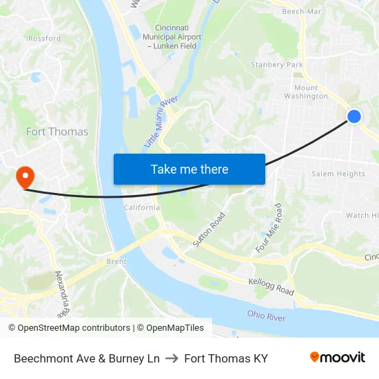 Beechmont Ave & Burney Ln to Fort Thomas KY map