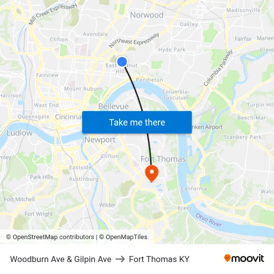 Woodburn Ave & Gilpin Ave to Fort Thomas KY map