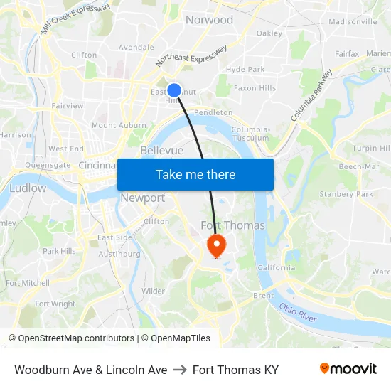 Woodburn Ave & Lincoln Ave to Fort Thomas KY map