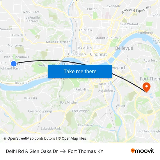 Delhi Rd & Glen Oaks Dr to Fort Thomas KY map