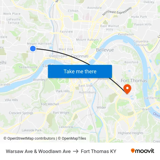 Warsaw Ave & Woodlawn Ave to Fort Thomas KY map