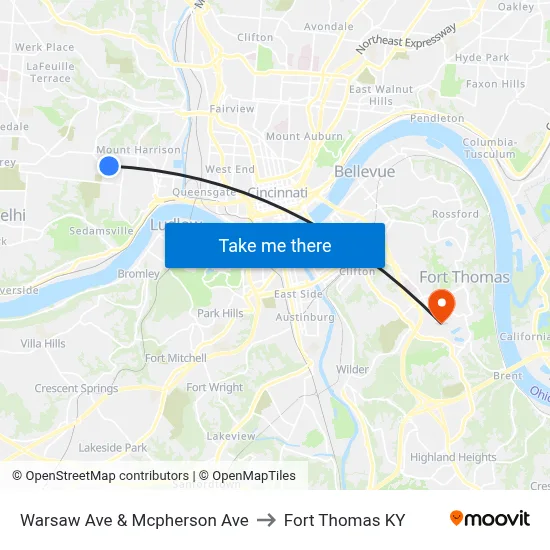 Warsaw Ave & Mcpherson Ave to Fort Thomas KY map