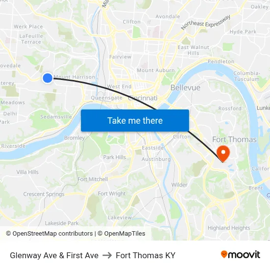 Glenway Ave & First Ave to Fort Thomas KY map