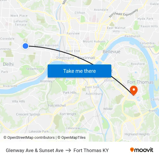 Glenway Ave & Sunset Ave to Fort Thomas KY map