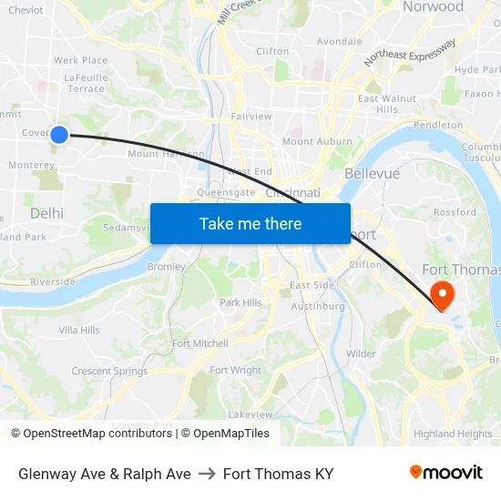 Glenway Ave & Ralph Ave to Fort Thomas KY map