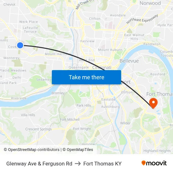Glenway Ave & Ferguson Rd to Fort Thomas KY map
