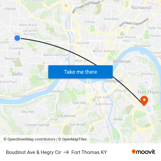 Boudinot Ave & Hegry Cir to Fort Thomas KY map