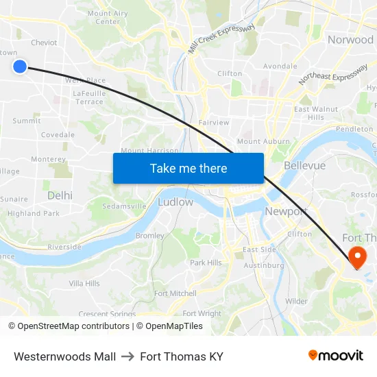 Westernwoods Mall to Fort Thomas KY map