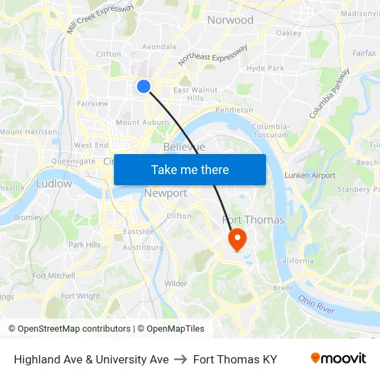 Highland Ave & University Ave to Fort Thomas KY map