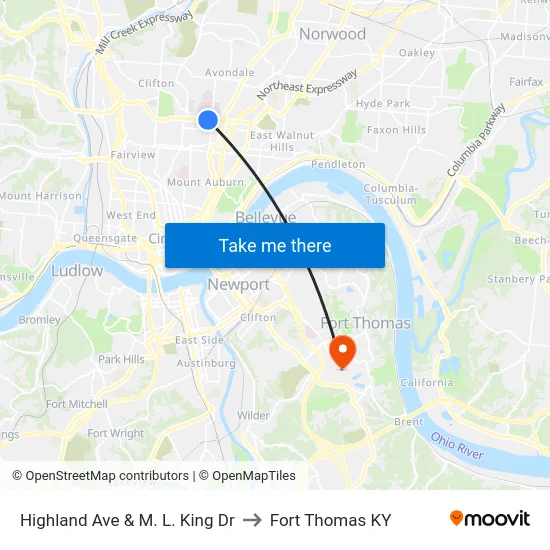 Highland Ave & M. L. King Dr to Fort Thomas KY map