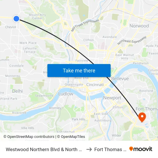 Westwood Northern Blvd & North Bend to Fort Thomas KY map