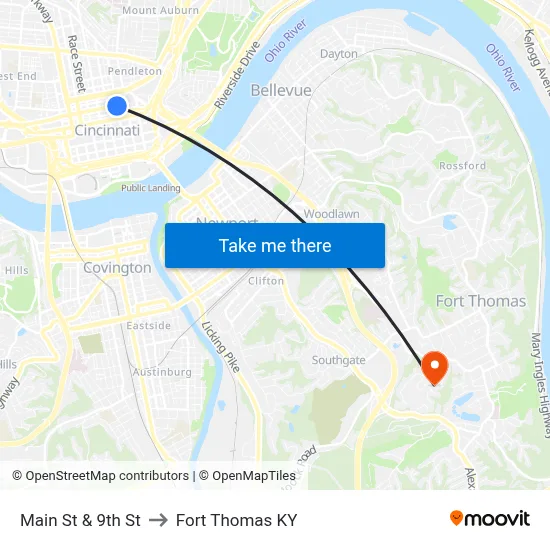 Main St & 9th St to Fort Thomas KY map