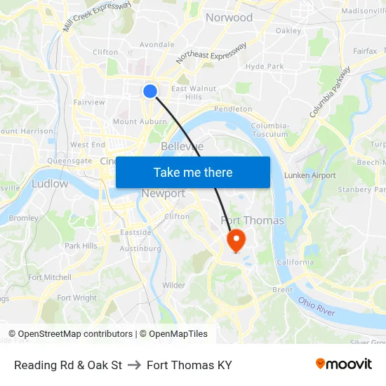 Reading Rd & Oak St to Fort Thomas KY map