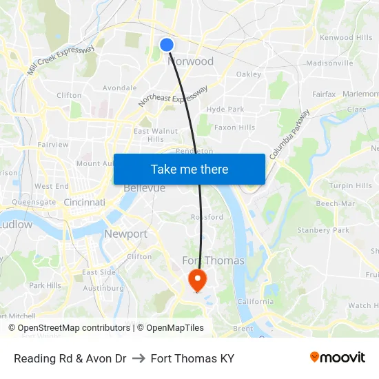 Reading Rd & Avon Dr to Fort Thomas KY map