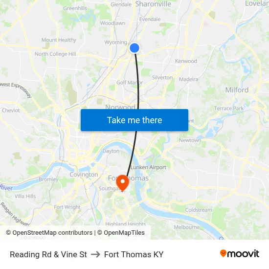 Reading Rd & Vine St to Fort Thomas KY map