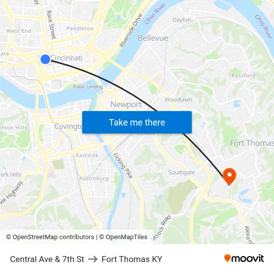 Central Ave & 7th St to Fort Thomas KY map
