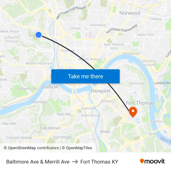 Baltimore Ave & Merrill Ave to Fort Thomas KY map