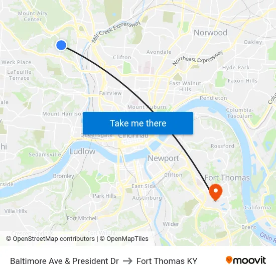 Baltimore Ave & President Dr to Fort Thomas KY map