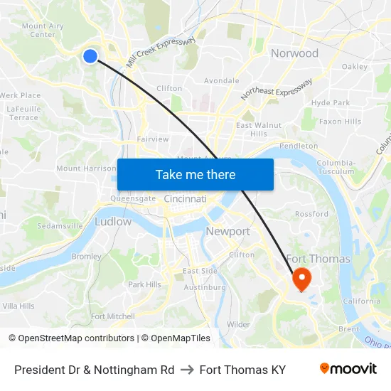 President Dr & Nottingham Rd to Fort Thomas KY map