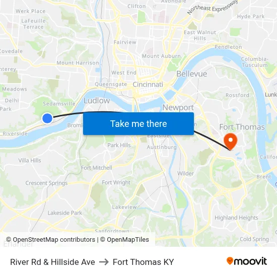 River Rd & Hillside Ave to Fort Thomas KY map