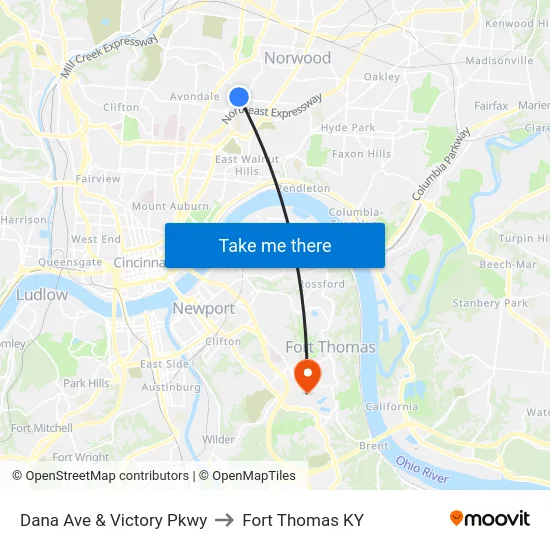 Dana Ave & Victory Pkwy to Fort Thomas KY map