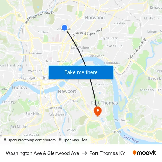 Washington Ave & Glenwood Ave to Fort Thomas KY map