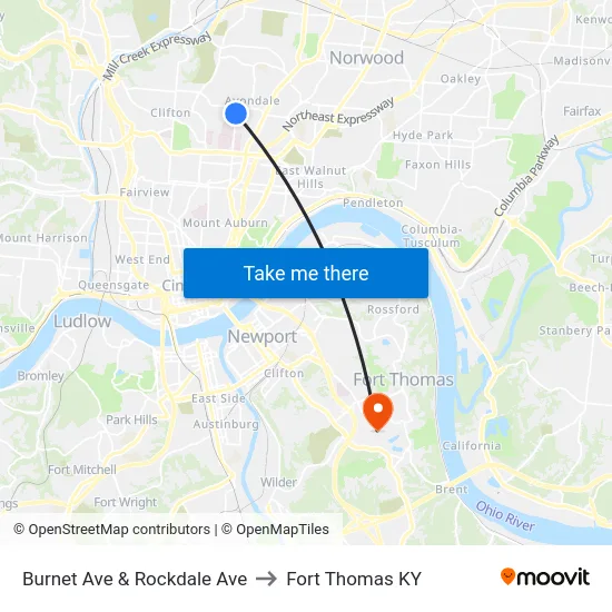 Burnet Ave & Rockdale Ave to Fort Thomas KY map