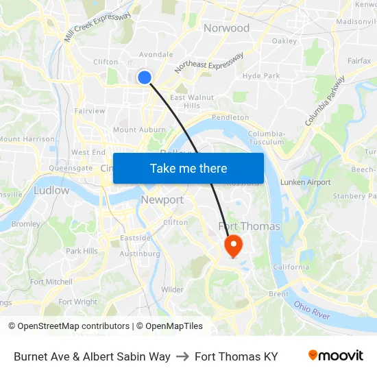 Burnet Ave & Albert Sabin Way to Fort Thomas KY map