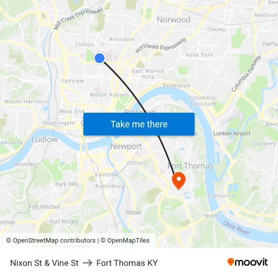 Nixon St & Vine St to Fort Thomas KY map