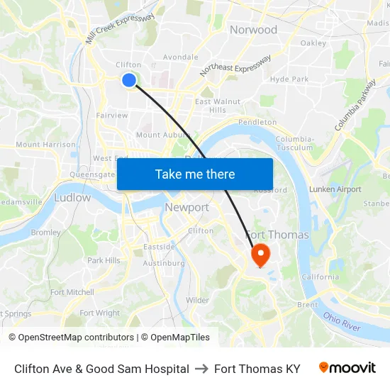 Clifton Ave & Good Sam Hospital to Fort Thomas KY map