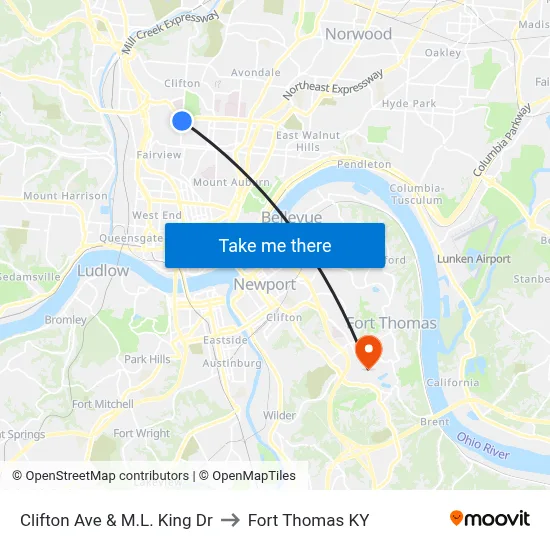 Clifton Ave & M.L. King Dr to Fort Thomas KY map