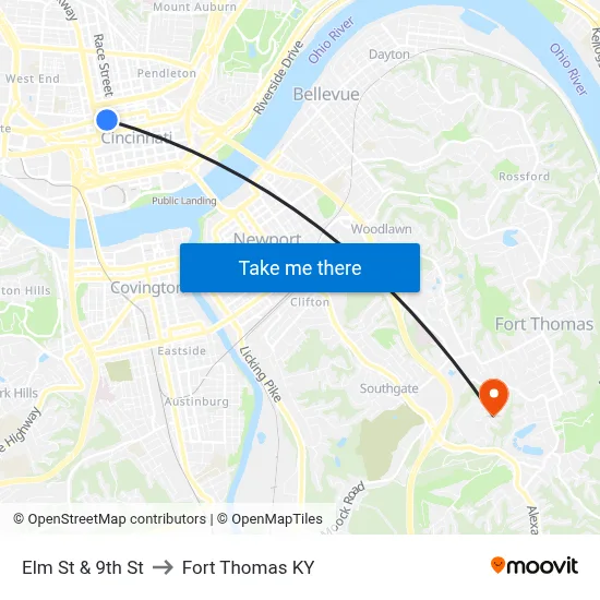 Elm St & 9th St to Fort Thomas KY map
