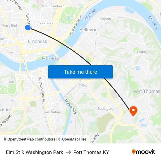 Elm St & Washington Park to Fort Thomas KY map