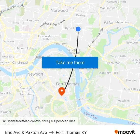 Erie Ave & Paxton Ave to Fort Thomas KY map
