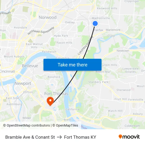 Bramble Ave & Conant St to Fort Thomas KY map