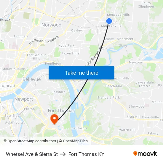 Whetsel Ave & Sierra St to Fort Thomas KY map