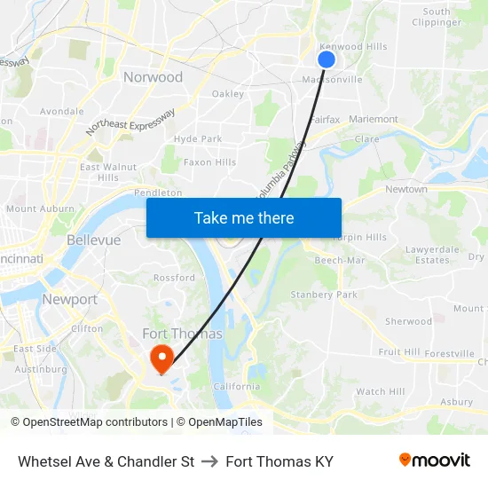 Whetsel Ave & Chandler St to Fort Thomas KY map