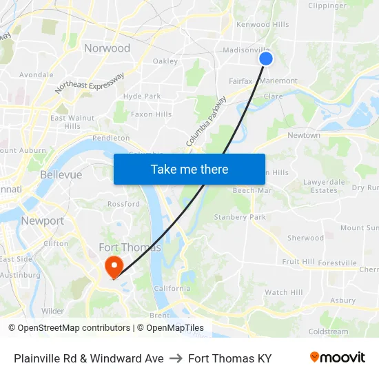 Plainville Rd & Windward Ave to Fort Thomas KY map