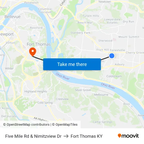 Five Mile Rd & Nimitzview Dr to Fort Thomas KY map