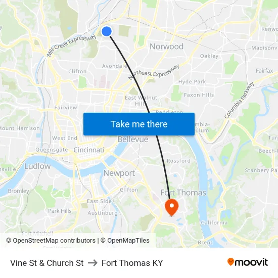 Vine St & Church St to Fort Thomas KY map