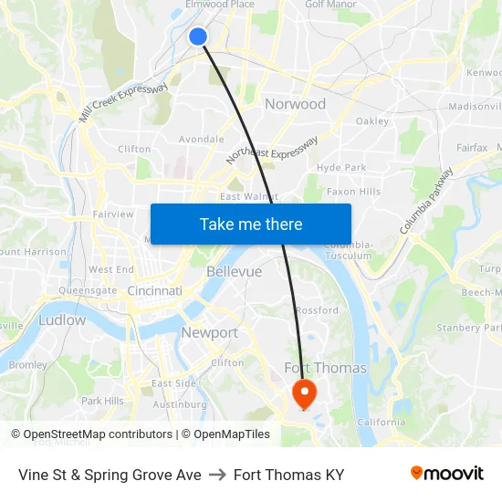 Vine St & Spring Grove Ave to Fort Thomas KY map