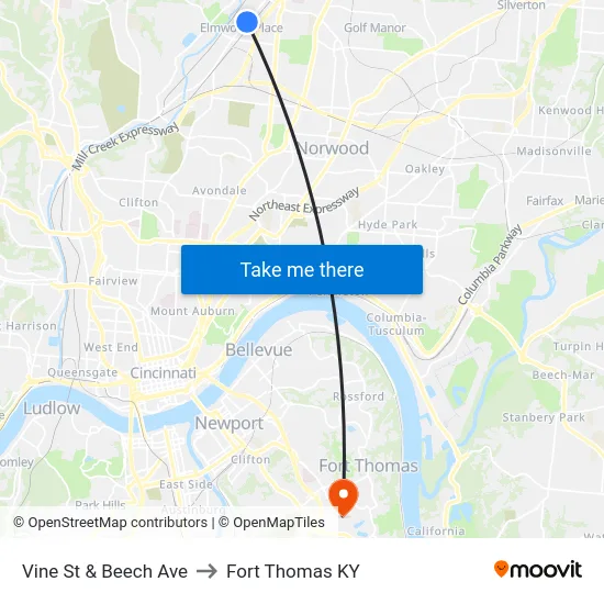 Vine St & Beech Ave to Fort Thomas KY map