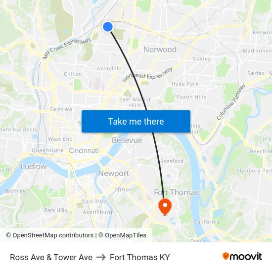 Ross Ave & Tower Ave to Fort Thomas KY map