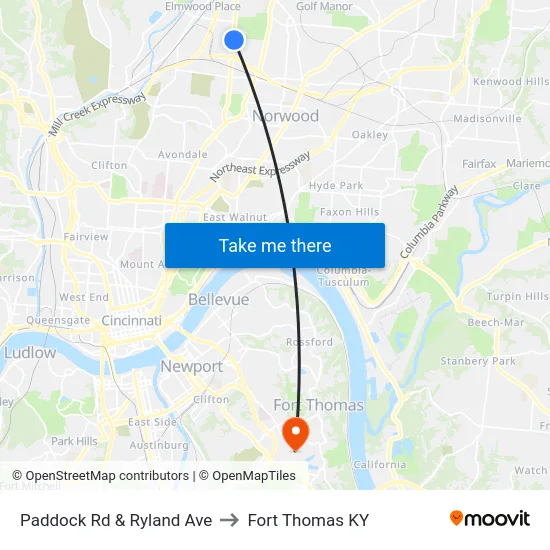Paddock Rd & Ryland Ave to Fort Thomas KY map