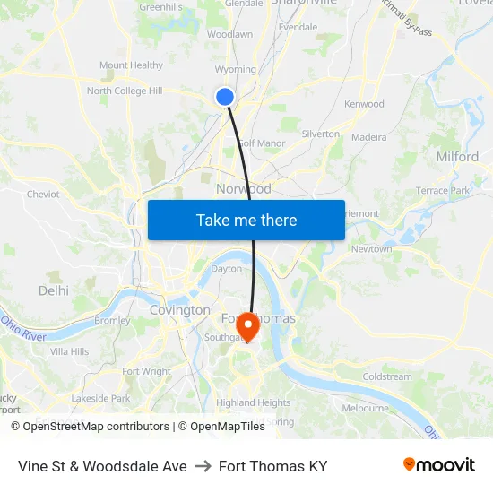 Vine St & Woodsdale Ave to Fort Thomas KY map