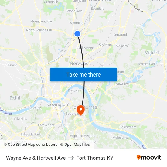 Wayne Ave & Hartwell Ave to Fort Thomas KY map