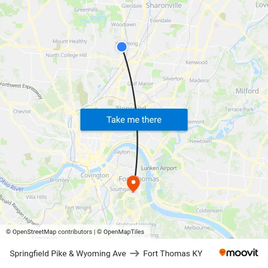 Springfield Pike & Wyoming Ave to Fort Thomas KY map