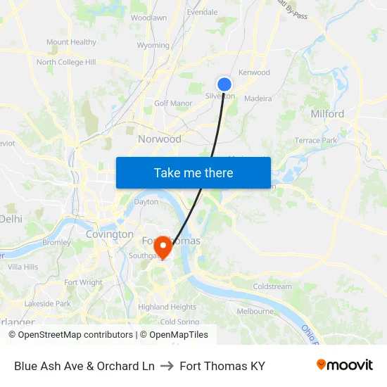 Blue Ash Ave & Orchard Ln to Fort Thomas KY map