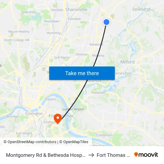 Montgomery Rd & Bethesda Hospital to Fort Thomas KY map