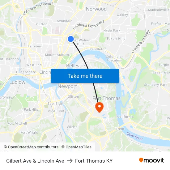 Gilbert Ave & Lincoln Ave to Fort Thomas KY map